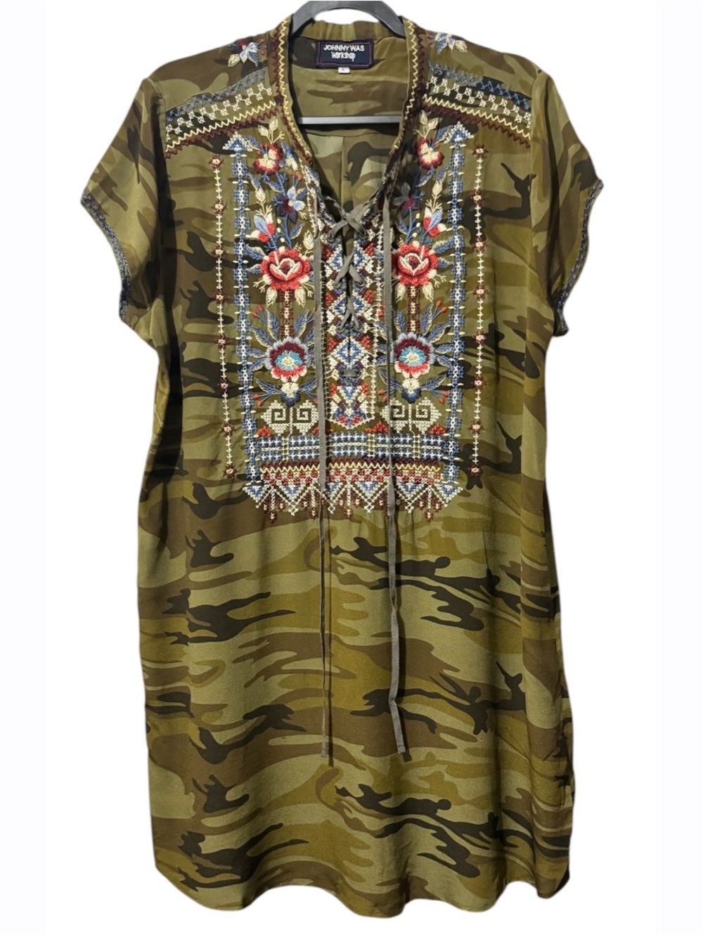 Johnny Was Workshop Ronnie Camo Embroidered Tunic Dress Floral Boho Large - Picture 2 of 8